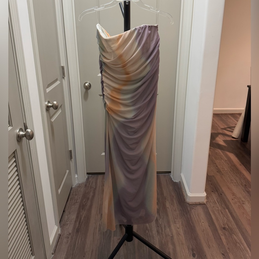 Zara Strapless Ombre Ruched Maxi Dress in Lavender, Peach, Sage